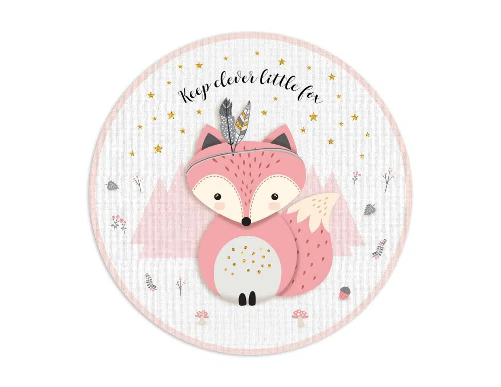 ⁦שטיח עגול לחדר ילדים Woodland Fox Pink - שטיח pvc איכותי באיור מקורי מודפס בגווני אפור ורוד⁩ – תמונה ⁦2⁩
