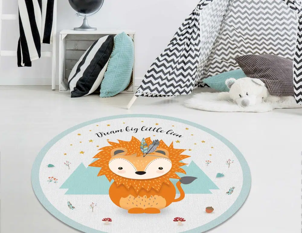 שטיח עגול לחדר ילדים Woodland Lion Mint - שטיח pvc איכותי באיור מקורי מודפס בגווני מנטה אפור כתום