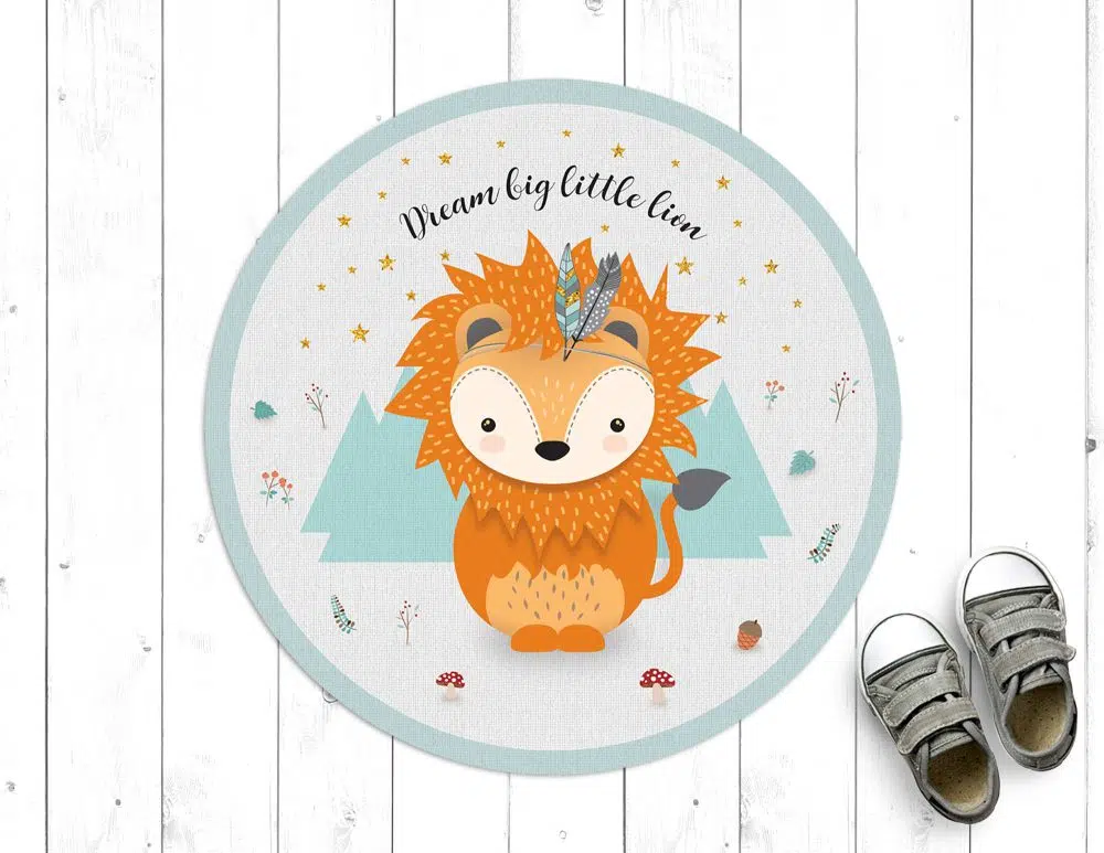 ⁦שטיח עגול לחדר ילדים Woodland Lion Mint - שטיח pvc איכותי באיור מקורי מודפס בגווני מנטה אפור כתום⁩ – תמונה ⁦3⁩