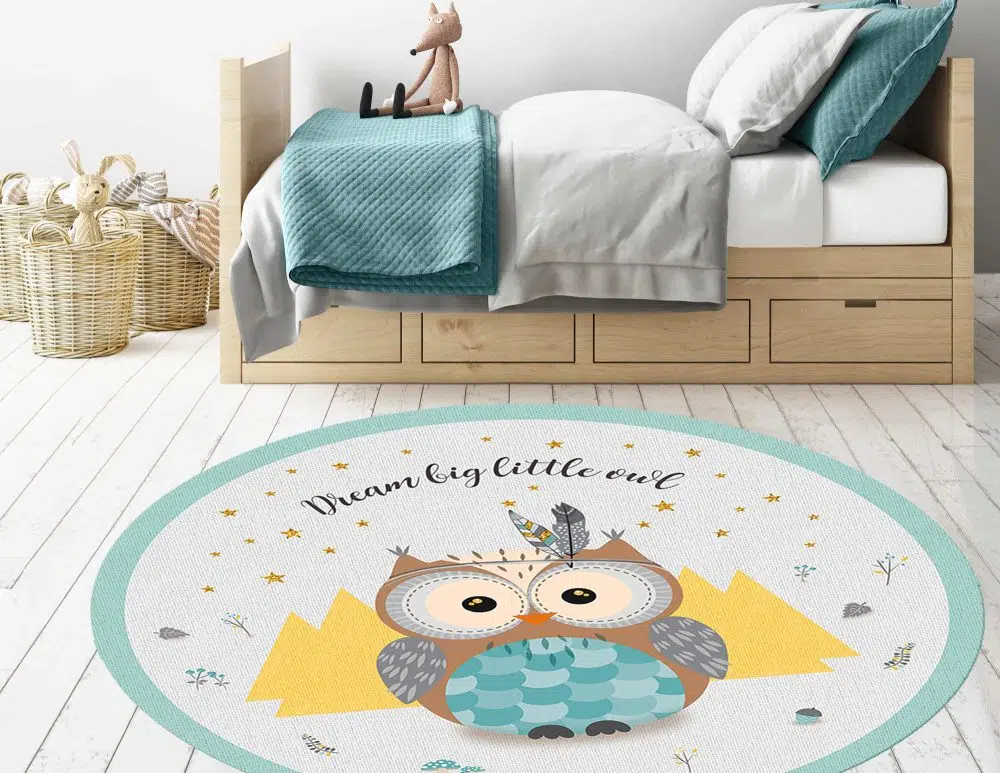 שטיח עגול לחדר ילדים Woodland Owl Mint Yellow - שטיח pvc איכותי באיור מקורי מודפס בגווני מנטה צהוב אפור