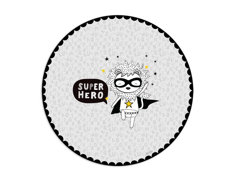 ⁦שטיח עגול לחדר ילדים Superhero Lion Yellow - שטיח pvc איכותי באיור מקורי מודפס בגווני שחור לבן עם נגיעת צהוב⁩ – תמונה ⁦3⁩