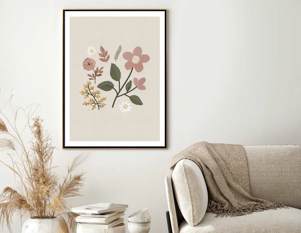 תמונת קנבס Embroidery Flowers - הדפס קנבס ממוסגר בפורמט מלבני בגווני בז׳ חרדל ורוד ירוק