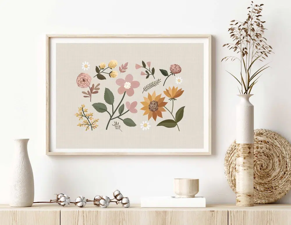 תמונה לבית Embroidery Sun Flowers - הדפס נייר ללא מסגרת בפורמט רוחבי בגווני בז׳ חרדל ורוד ירוק