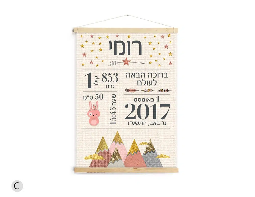 ⁦מתנת לידה Woodland Canvas Baby details Pink - תעודת לידה מעוצבת מודפסת על קנבס עם מסגרת עץ בגווני ורוד שמנת עם נגיעות זהב⁩ – תמונה ⁦2⁩