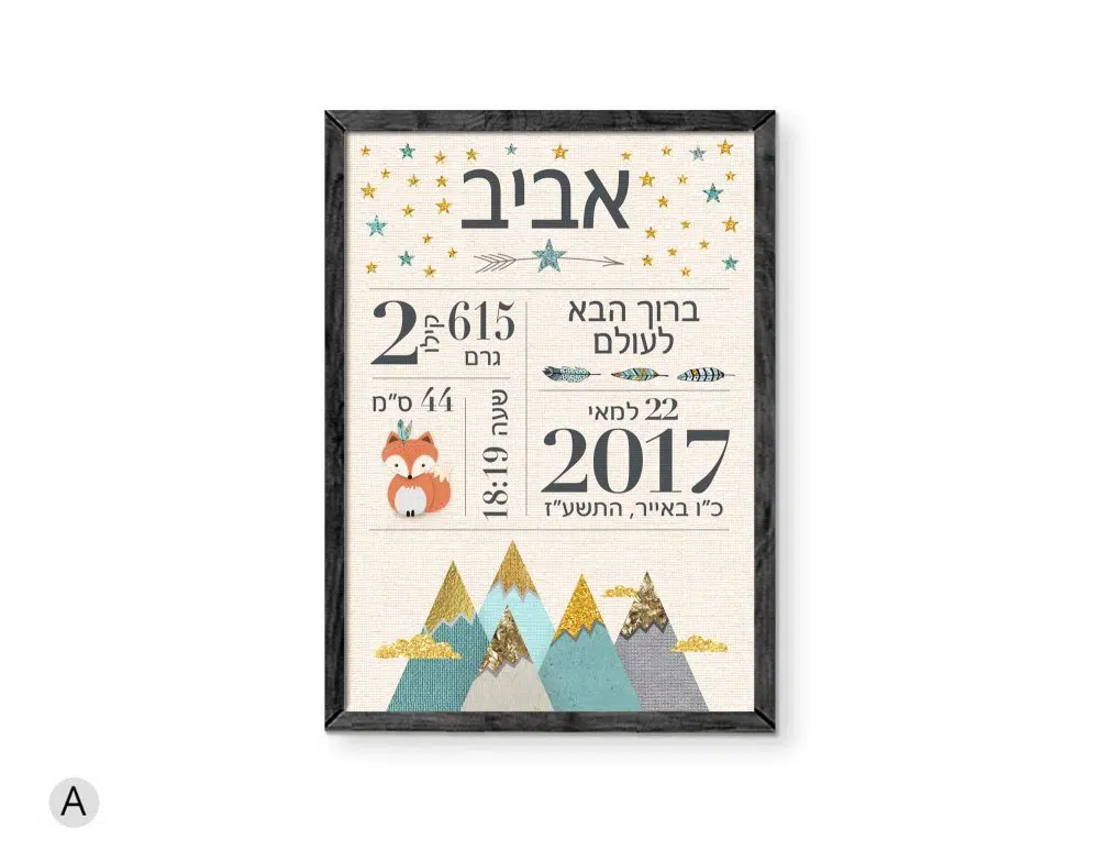 ⁦מתנת לידה Woodland Baby details Mint - תעודת לידה מעוצבת מודפסת על נייר עם או ללא מסגרת בגווני מנטה שמנת עם נגיעות זהב⁩ – תמונה ⁦2⁩