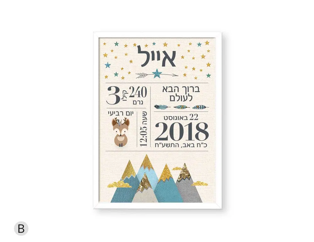 ⁦מתנת לידה Woodland Baby details Blue - תעודת לידה מעוצבת מודפסת על נייר עם או ללא מסגרת בגווני כחול אפור שמנת עם נגיעות זהב⁩ – תמונה ⁦2⁩