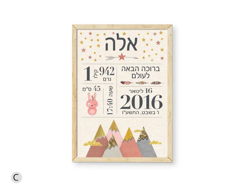 ⁦מתנת לידה Woodland Baby details Pink - תעודת לידה מעוצבת מודפסת על נייר עם או ללא מסגרת בגווני ורוד שמנת עם נגיעות זהב⁩ – תמונה ⁦2⁩