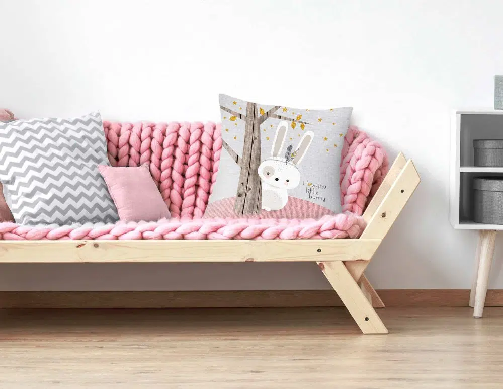 כריות נוי לילדים Playful Bunny Pink Grey - כרית לחדר ילדים דו צדדית בהדפס ארנבון בגווני ורוד אפור עם נגיעות זהב