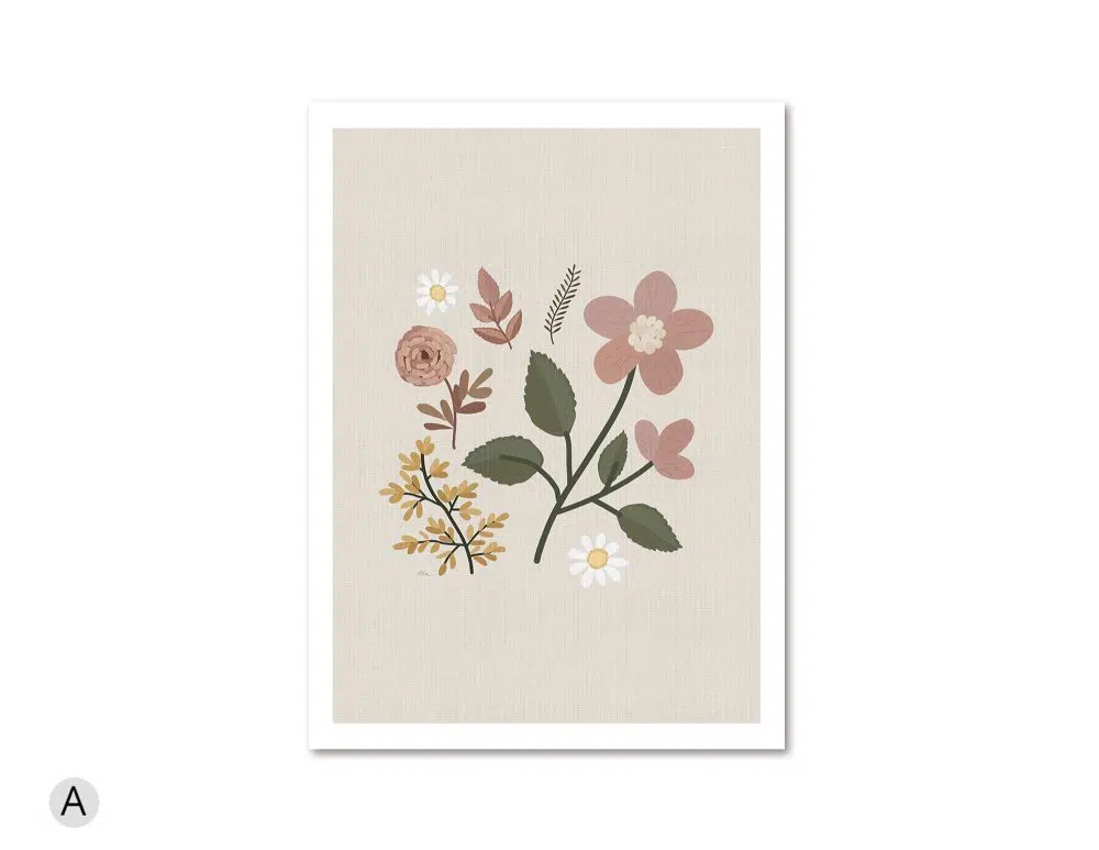 ⁦תמונה לבית Embroidery Flowers - הדפס נייר ללא מסגרת בפורמט מלבני בגווני בז׳ חרדל ורוד ירוק⁩ – תמונה ⁦4⁩