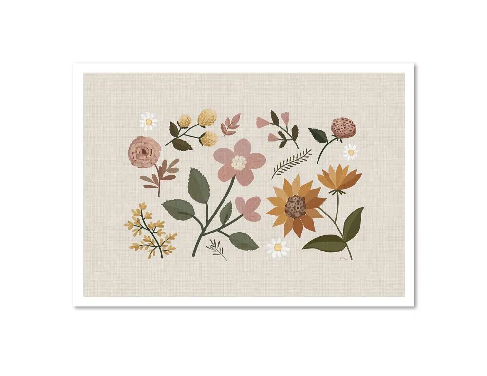 ⁦תמונה לבית Embroidery Sun Flowers - הדפס נייר ללא מסגרת בפורמט רוחבי בגווני בז׳ חרדל ורוד ירוק⁩ – תמונה ⁦5⁩