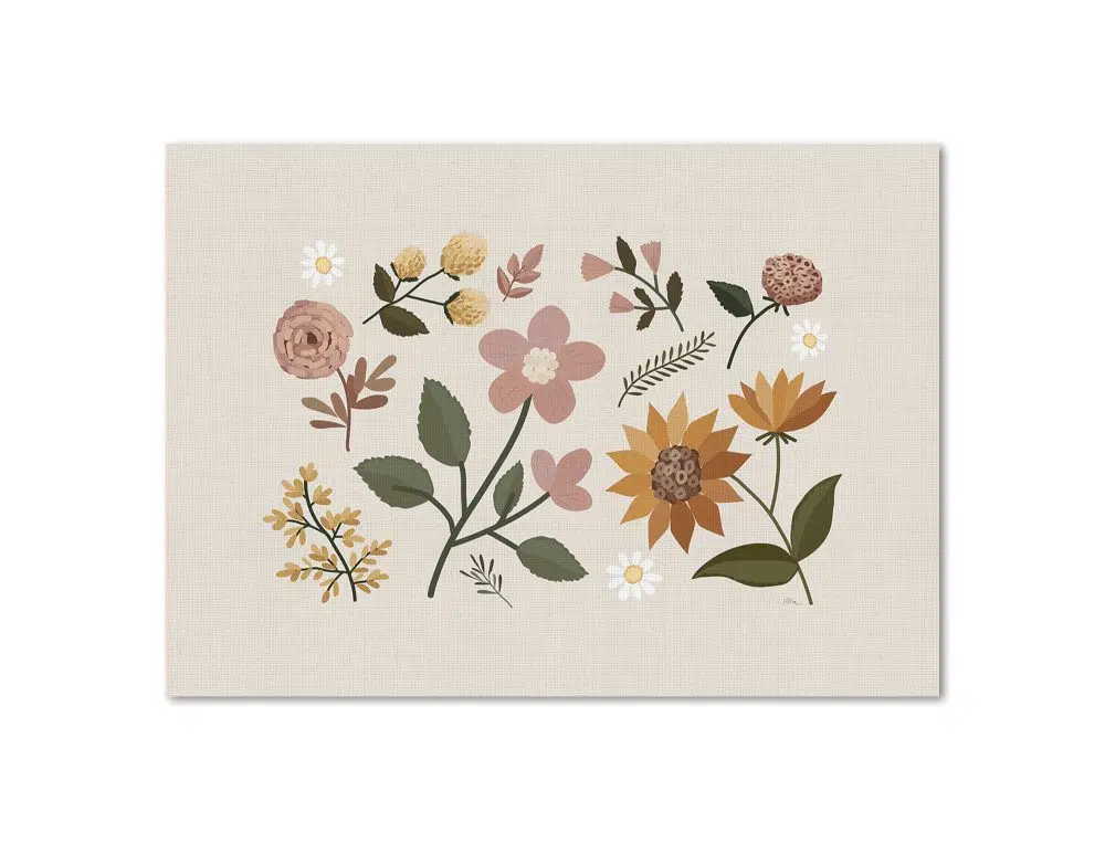 ⁦תמונה לבית Embroidery Sun Flowers - הדפס נייר ללא מסגרת בפורמט רוחבי בגווני בז׳ חרדל ורוד ירוק⁩ – תמונה ⁦4⁩