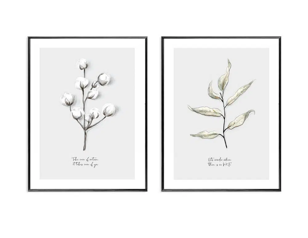 ⁦תמונות לסלון Peaceful Vibes Duo - שני הדפסי נייר ממוסגרים בפורמט מלבני בגווני אפור לבן עם נגיעות ירוק⁩ – תמונה ⁦4⁩