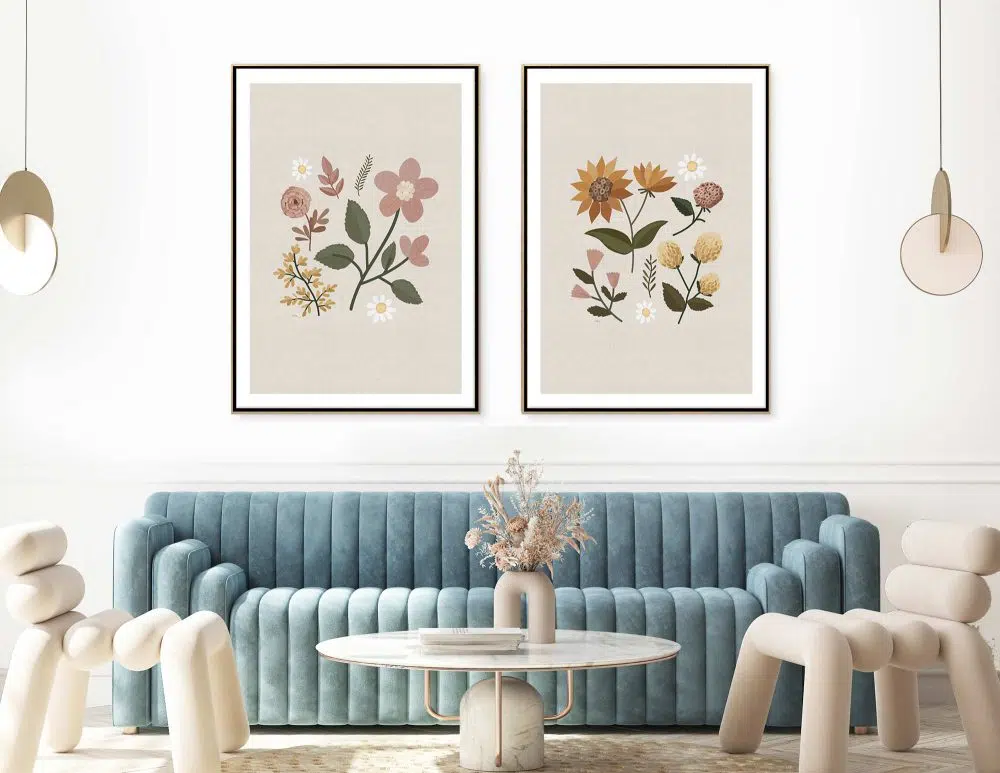 תמונות קנבס Embroidery Flowers Duo - שני הדפסי קנבס ממוסגרים בפורמט מלבני בגווני בז׳ חרדל ורוד ירוק