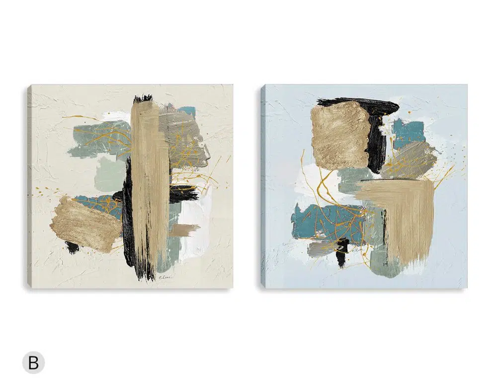 ⁦תמונות קנבס Dessert & Dust Blue - שני הדפסי קנבס ממוסגרים בפורמט ריבועי בגווני בז׳ כחול ירוק עם נגיעות שחור זהב⁩ – תמונה ⁦4⁩