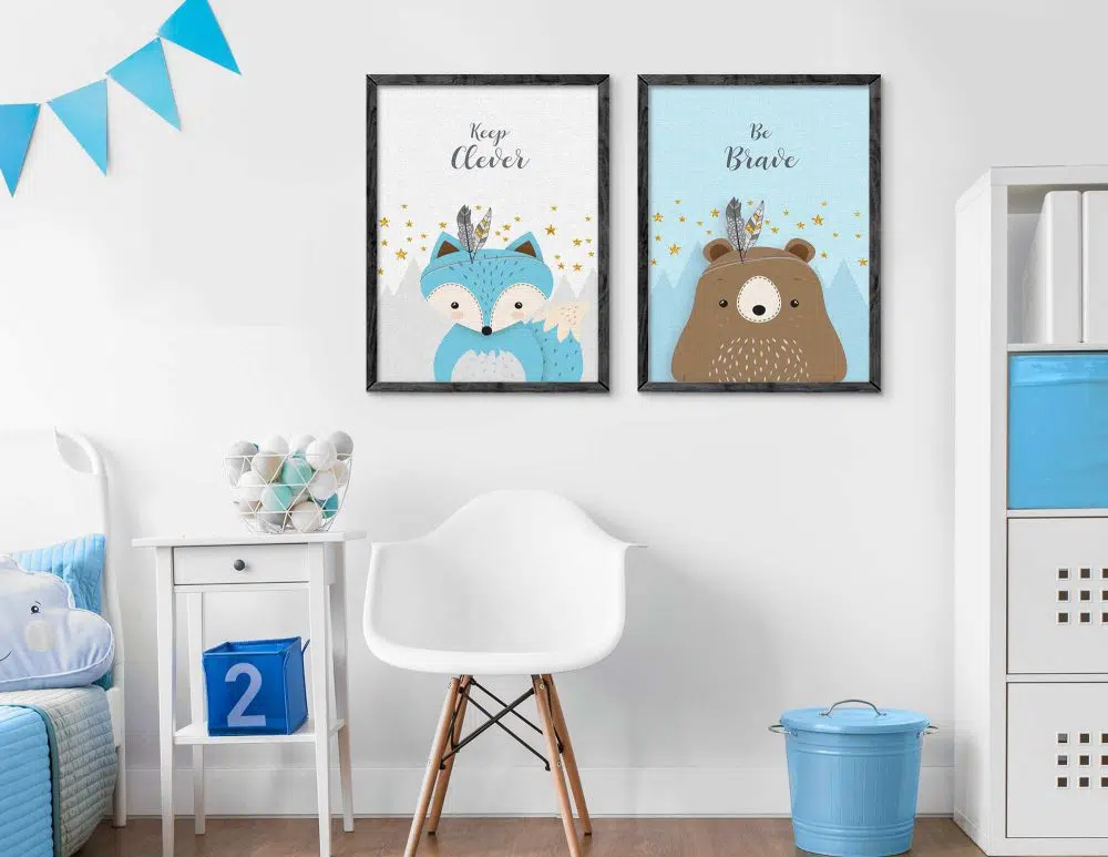 תמונות לחדר ילדים Woodland Duo Light Blue - שני הדפסי נייר עם או ללא מסגרות בגווני תכלת אפור
