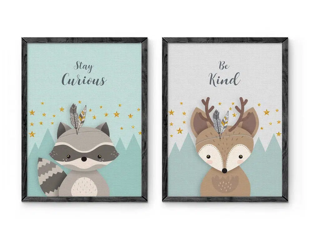 ⁦תמונות לחדר ילדים Woodland Duo Mint - שני הדפסי נייר עם או ללא מסגרות בגווני מנטה אפור עם נגיעות זהב⁩ – תמונה ⁦4⁩