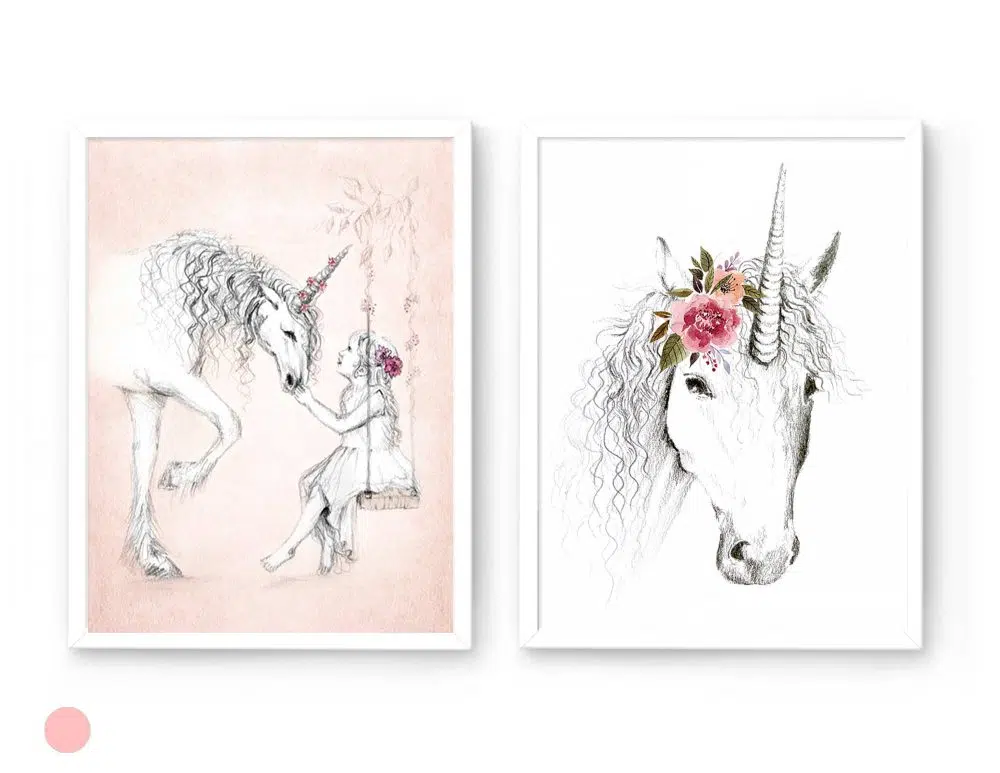 ⁦תמונות לחדר ילדים Unicorn Duo Pink - שני הדפסי נייר עם או ללא מסגרות בגווני ורוד לבן⁩ – תמונה ⁦3⁩