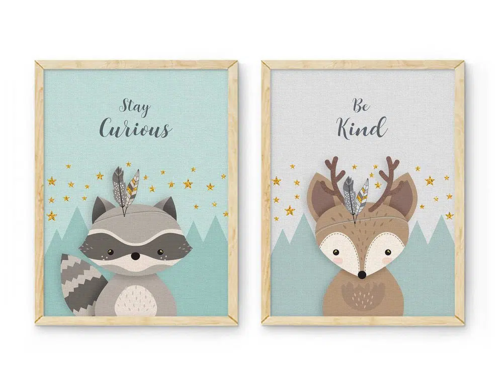 ⁦תמונות לחדר ילדים Woodland Duo Mint - שני הדפסי נייר עם או ללא מסגרות בגווני מנטה אפור עם נגיעות זהב⁩ – תמונה ⁦3⁩