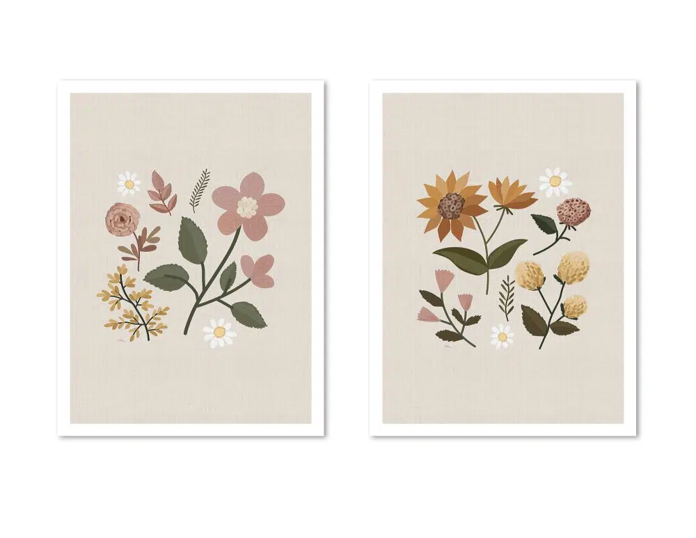 ⁦תמונות לסלון Embroidery Flowers Duo - שני הדפסי נייר ללא מסגרת בפורמט מלבני בגווני בז׳ חרדל ורוד ירוק⁩ – תמונה ⁦4⁩