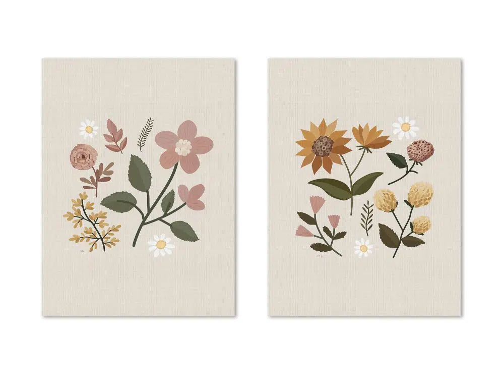 ⁦תמונות לסלון Embroidery Flowers Duo - שני הדפסי נייר ללא מסגרת בפורמט מלבני בגווני בז׳ חרדל ורוד ירוק⁩ – תמונה ⁦3⁩