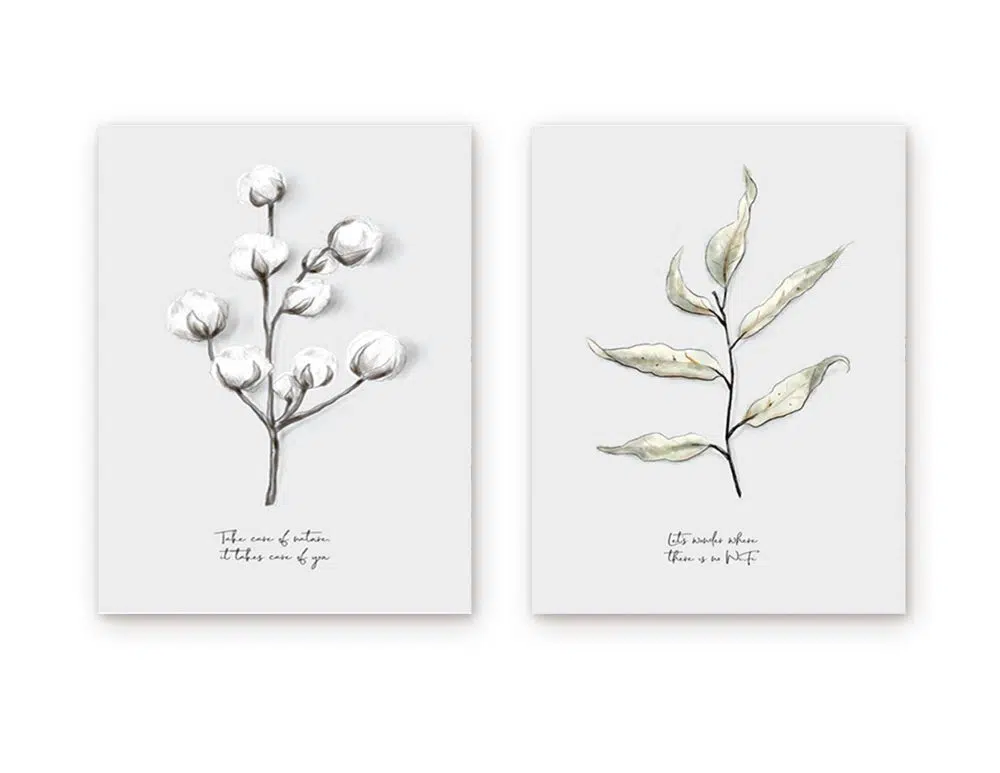 ⁦תמונות לסלון Peaceful Vibes Duo - שני הדפסי נייר ללא מסגרת בפורמט מלבני בגווני אפור לבן עם נגיעות ירוק⁩ – תמונה ⁦4⁩