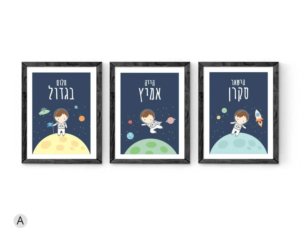 ⁦תמונות לחדר ילדים Space Kids Trio Blue - שלושה הדפסי נייר עם או ללא מסגרות בגווני כחול מנטה ירוק צהוב⁩ – תמונה ⁦3⁩