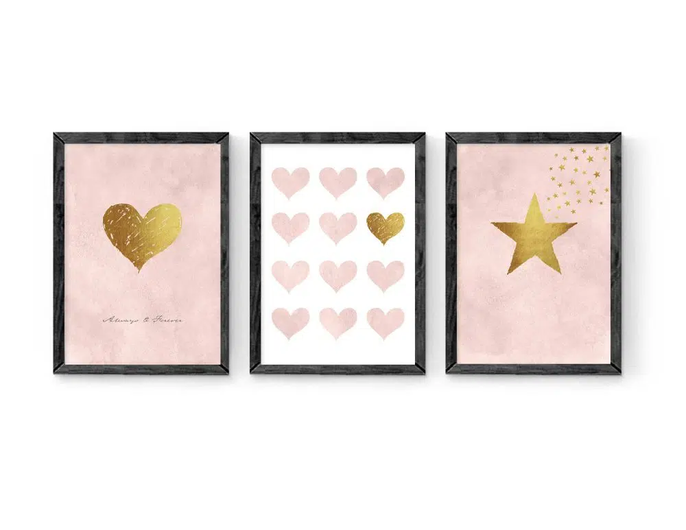 ⁦תמונות לחדר ילדים Hearts Star Trio Pink - שלושה הדפסי נייר עם או ללא מסגרות בגווני ורוד פודרה לבן עם נגיעות זהב⁩ – תמונה ⁦5⁩