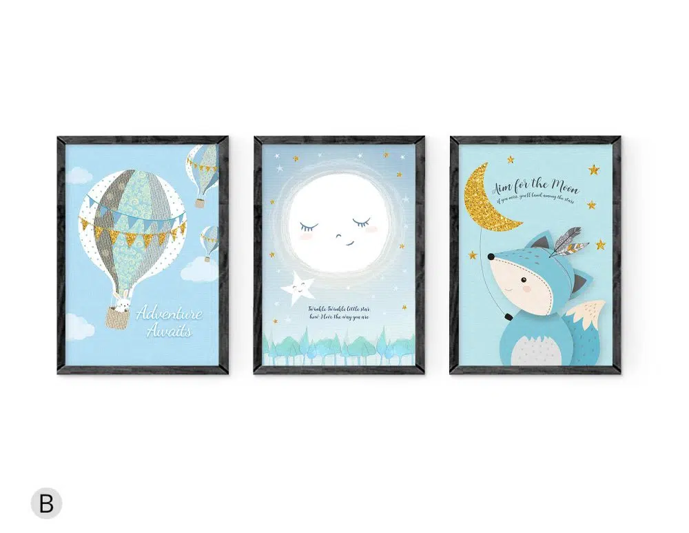 ⁦תמונות לחדר ילדים Moon Dream Blue - שלושה הדפסי נייר עם או ללא מסגרות בגווני כחול מנטה⁩ – תמונה ⁦2⁩