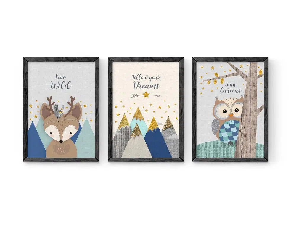 ⁦תמונות לחדר ילדים Woodland Trio Blue Mint - שלושה הדפסי נייר עם או ללא מסגרות בגווני כחול מנטה שמנת אפור עם נגיעות זהב⁩ – תמונה ⁦4⁩