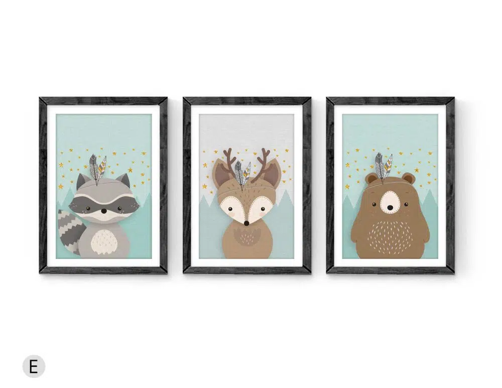 ⁦תמונות לחדר ילדים Woodland Trio Mint C - שלושה הדפסי נייר עם או ללא מסגרות בגווני מנטה שמנת אפור חום עם נגיעות זהב⁩ – תמונה ⁦2⁩