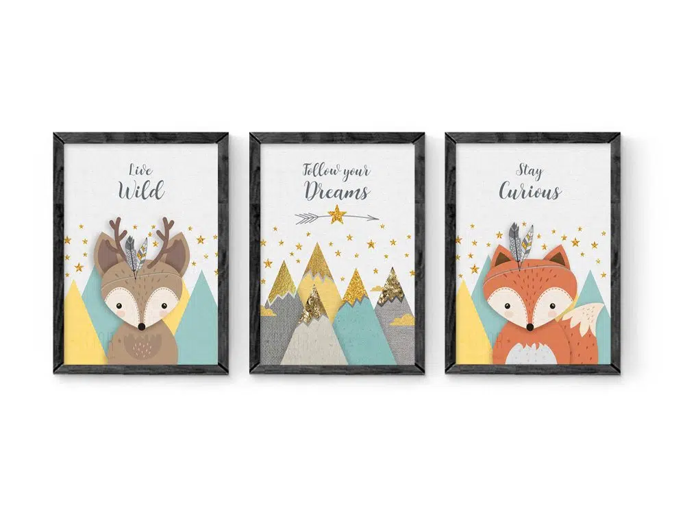 ⁦תמונות לחדר ילדים Woodland Trio Mint Yellow - שלושה הדפסי נייר עם או ללא מסגרות בגווני מנטה צהוב שמנת עם נגיעות זהב⁩ – תמונה ⁦6⁩