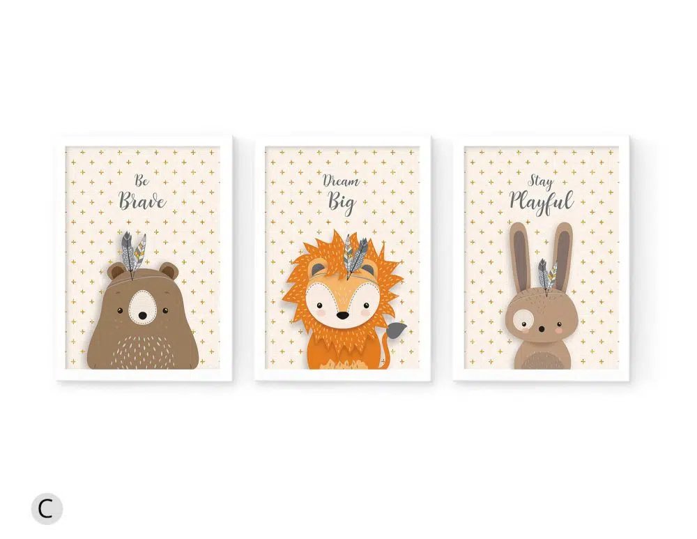 ⁦תמונות לחדר ילדים Delicate Animals Trio Lion - שלושה הדפסי נייר עם או ללא מסגרות בגווני בז׳ שמנת אפור חום כתום⁩ – תמונה ⁦2⁩
