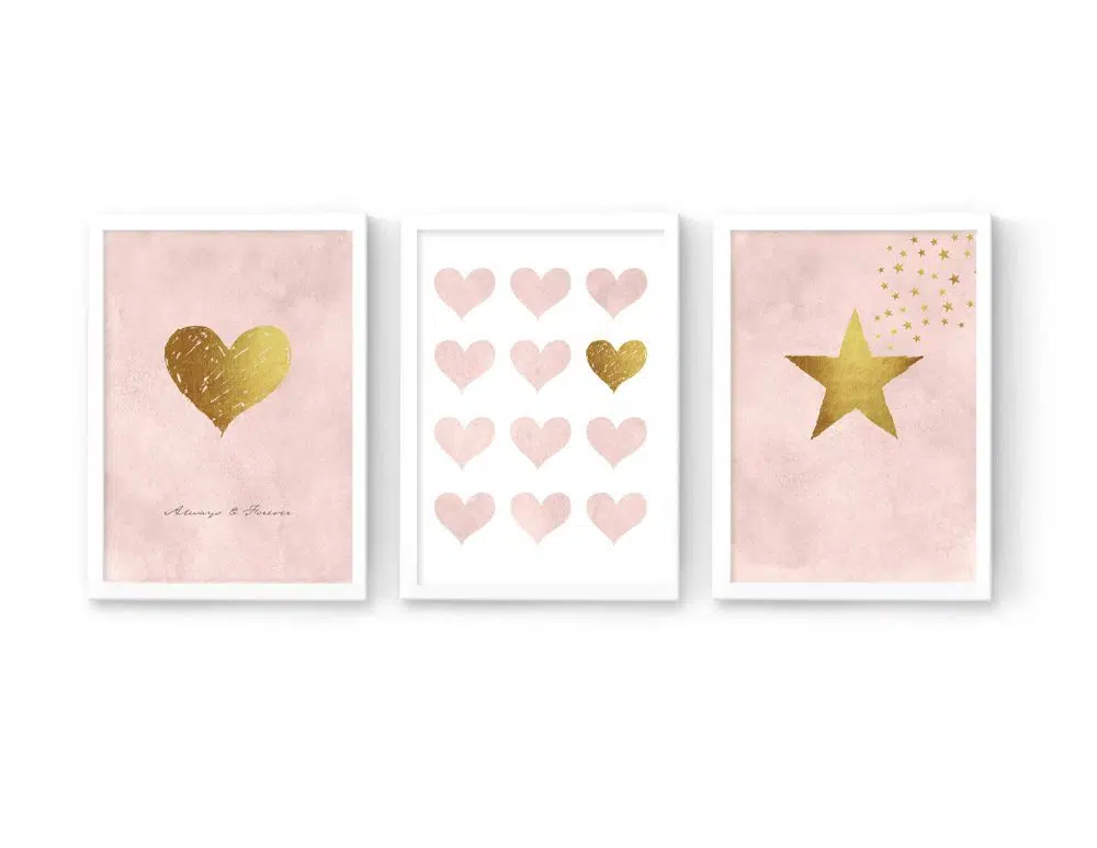 ⁦תמונות לחדר ילדים Hearts Star Trio Pink - שלושה הדפסי נייר עם או ללא מסגרות בגווני ורוד פודרה לבן עם נגיעות זהב⁩ – תמונה ⁦3⁩