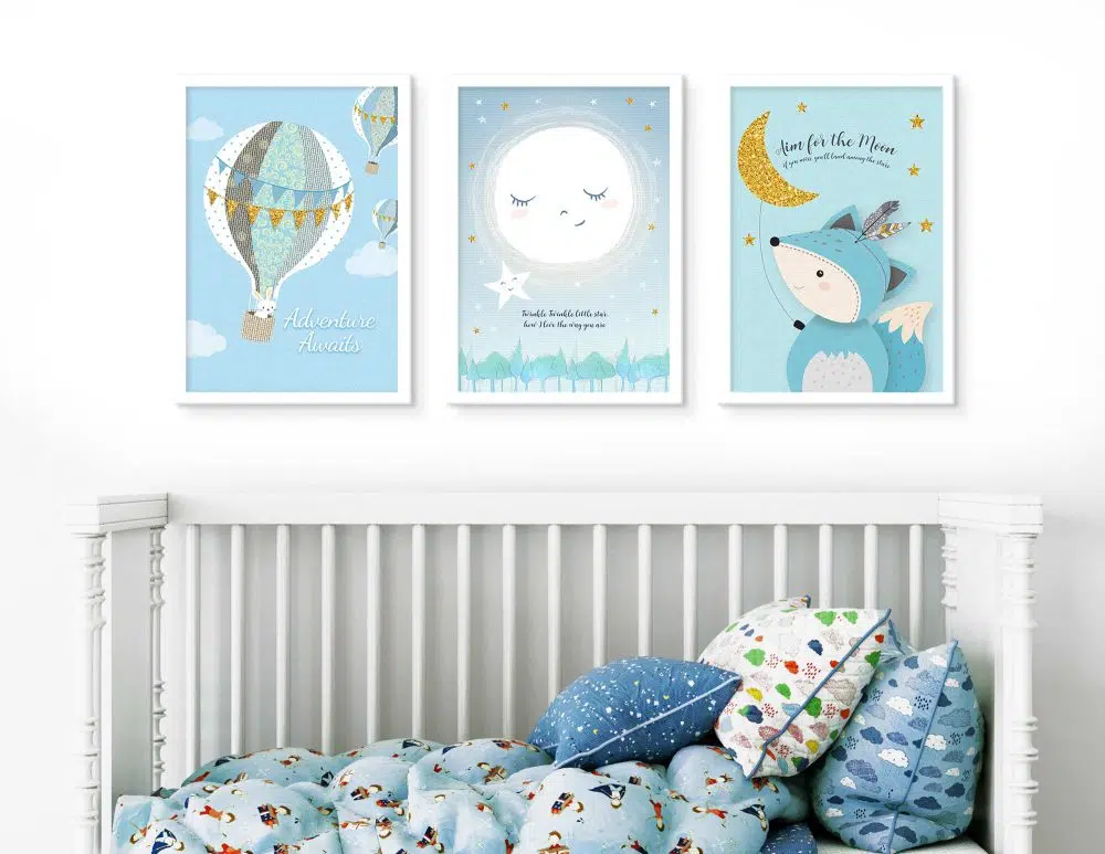 תמונות לחדר ילדים Moon Dream Blue - שלושה הדפסי נייר עם או ללא מסגרות בגווני כחול מנטה