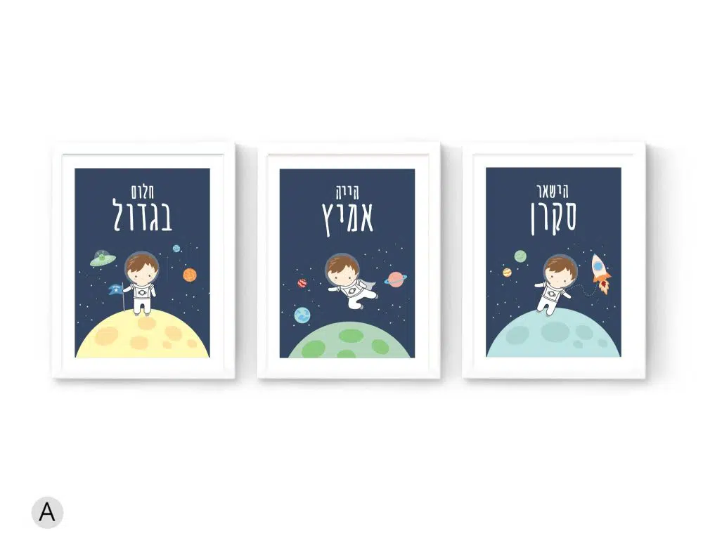 ⁦תמונות לחדר ילדים Space Kids Trio Blue - שלושה הדפסי נייר עם או ללא מסגרות בגווני כחול מנטה ירוק צהוב⁩ – תמונה ⁦2⁩