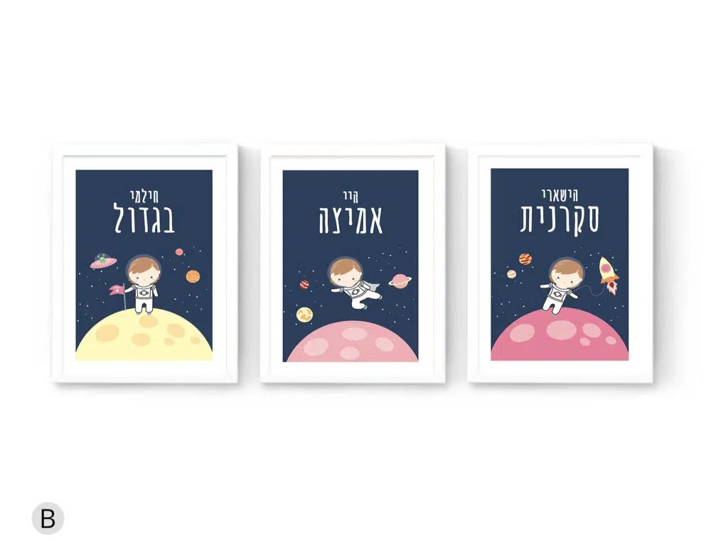 ⁦תמונות לחדר ילדים Space Girls Trio Pink - שלושה הדפסי נייר עם או ללא מסגרות בגווני כחול ורוד צהוב⁩ – תמונה ⁦3⁩