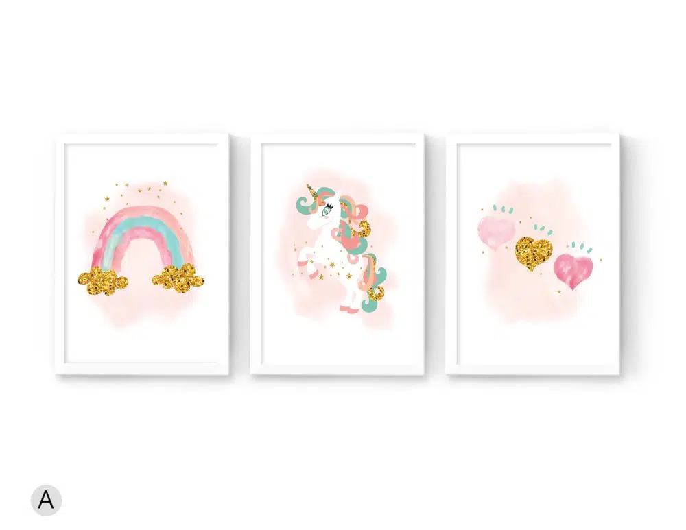 ⁦תמונות לחדר ילדים Unicorn Trio Pink Mint - שלושה הדפסי נייר עם או ללא מסגרות בגווני ורוד לבן עם נגיעות מנטה זהב⁩ – תמונה ⁦2⁩