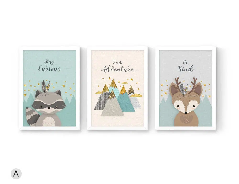 ⁦תמונות לחדר ילדים Woodland Trio Mint A - שלושה הדפסי נייר עם או ללא מסגרות בגווני מנטה שמנת אפור עם נגיעות זהב⁩ – תמונה ⁦2⁩