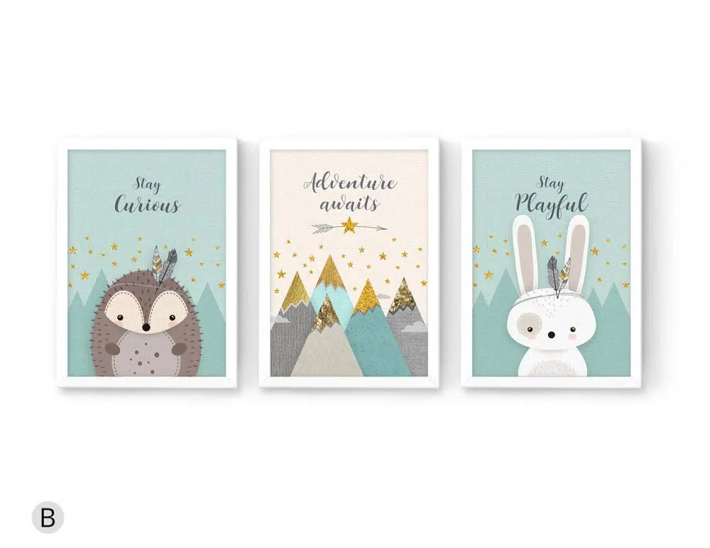 ⁦תמונות לחדר ילדים Woodland Trio Mint D - שלושה הדפסי נייר עם או ללא מסגרות בגווני מנטה שמנת אפור לבן עם נגיעות זהב⁩ – תמונה ⁦2⁩