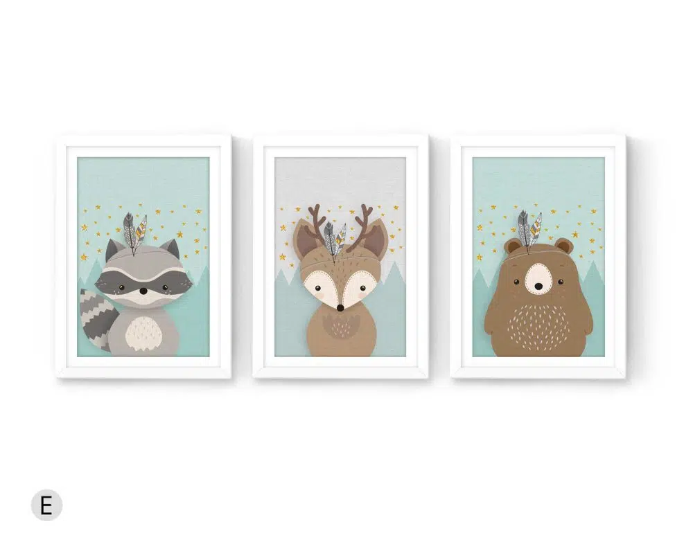 ⁦תמונות לחדר ילדים Woodland Trio Mint C - שלושה הדפסי נייר עם או ללא מסגרות בגווני מנטה שמנת אפור חום עם נגיעות זהב⁩ – תמונה ⁦3⁩