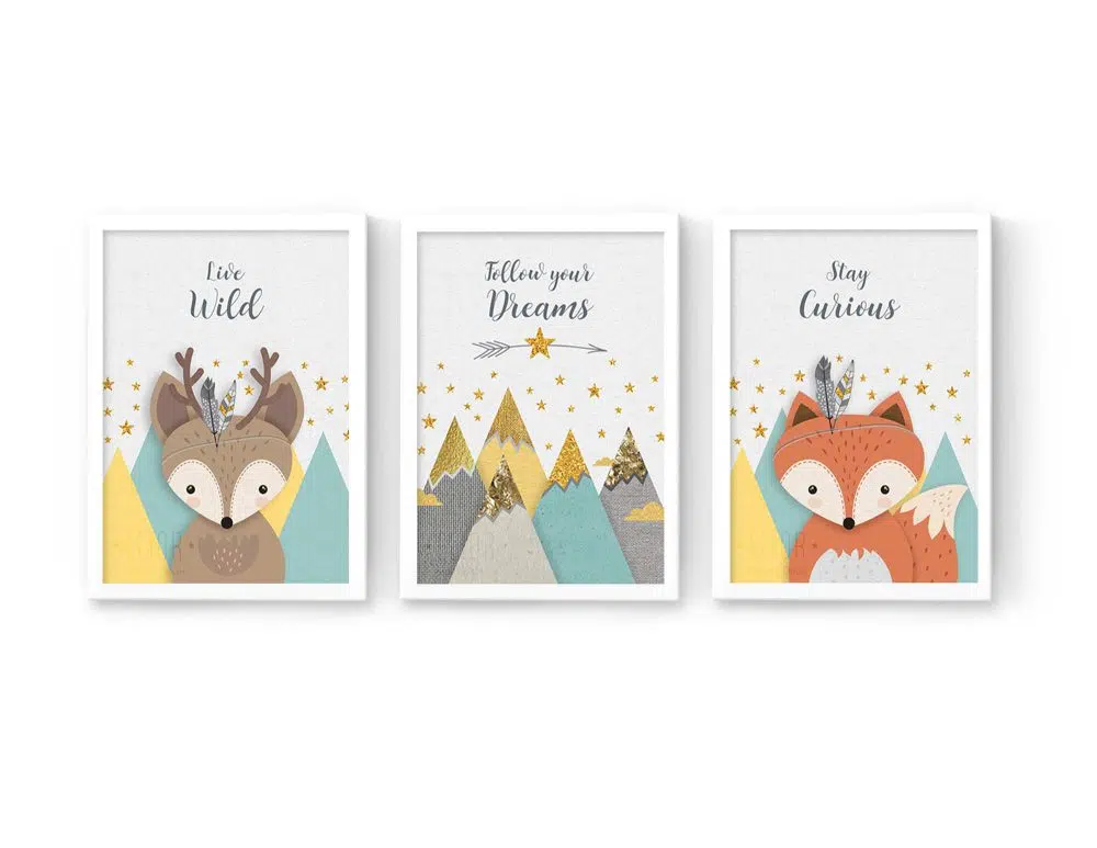 ⁦תמונות לחדר ילדים Woodland Trio Mint Yellow - שלושה הדפסי נייר עם או ללא מסגרות בגווני מנטה צהוב שמנת עם נגיעות זהב⁩ – תמונה ⁦4⁩