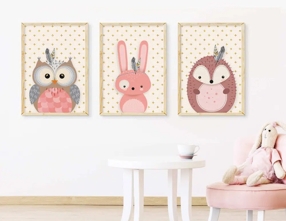 תמונות לחדר ילדים Delicate Animals Trio Pink - שלושה הדפסי נייר עם או ללא מסגרות בגווני ורוד שמנת אפור