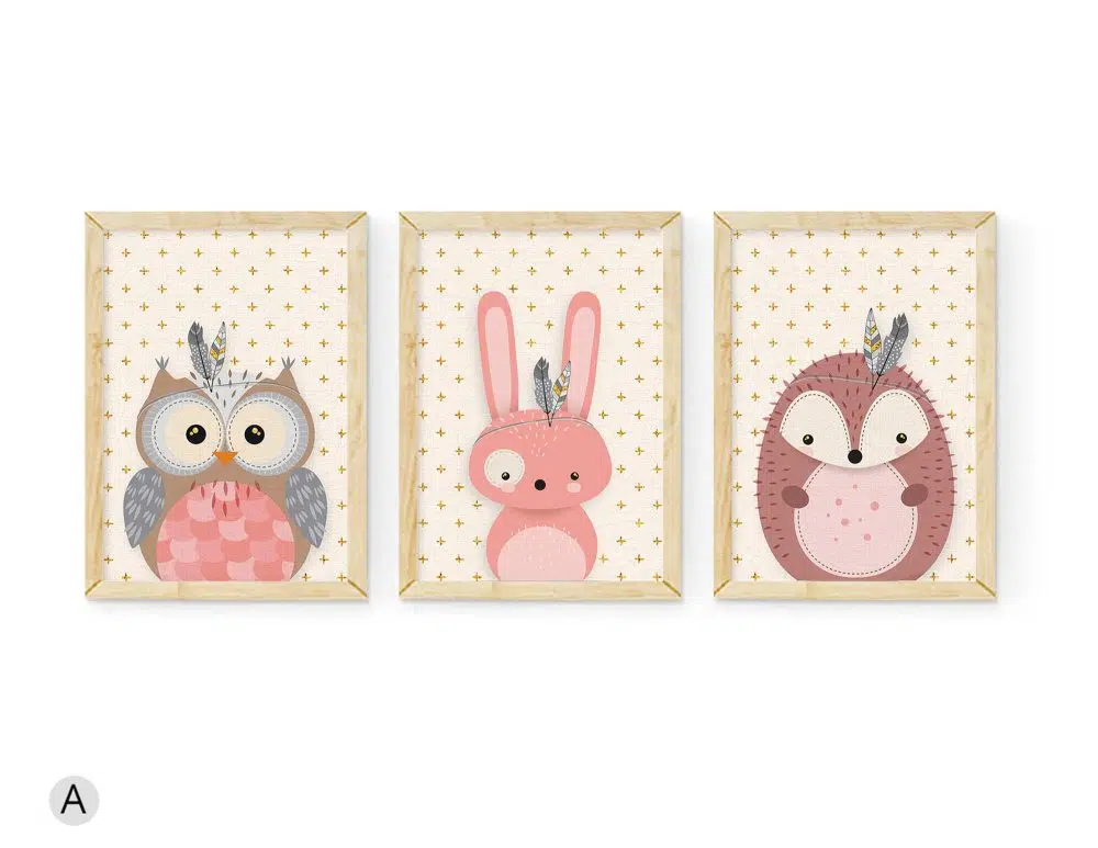 ⁦תמונות לחדר ילדים Delicate Animals Trio Pink - שלושה הדפסי נייר עם או ללא מסגרות בגווני ורוד שמנת אפור⁩ – תמונה ⁦2⁩