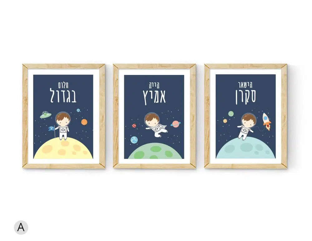 ⁦תמונות לחדר ילדים Space Kids Trio Blue - שלושה הדפסי נייר עם או ללא מסגרות בגווני כחול מנטה ירוק צהוב⁩ – תמונה ⁦4⁩