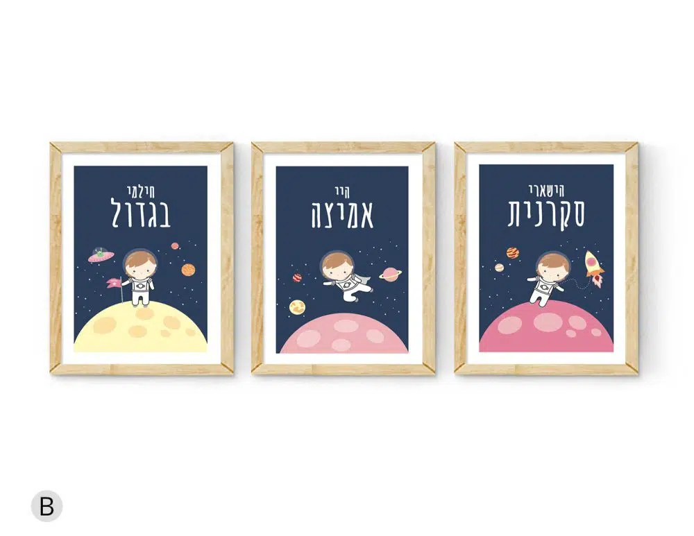 ⁦תמונות לחדר ילדים Space Girls Trio Pink - שלושה הדפסי נייר עם או ללא מסגרות בגווני כחול ורוד צהוב⁩ – תמונה ⁦2⁩