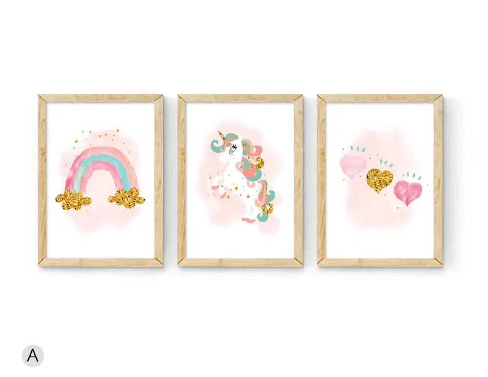 ⁦תמונות לחדר ילדים Unicorn Trio Pink Mint - שלושה הדפסי נייר עם או ללא מסגרות בגווני ורוד לבן עם נגיעות מנטה זהב⁩ – תמונה ⁦3⁩