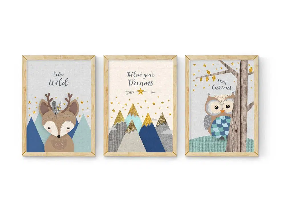 ⁦תמונות לחדר ילדים Woodland Trio Blue Mint - שלושה הדפסי נייר עם או ללא מסגרות בגווני כחול מנטה שמנת אפור עם נגיעות זהב⁩ – תמונה ⁦3⁩