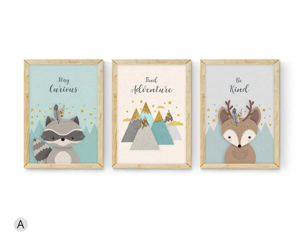 ⁦תמונות לחדר ילדים Woodland Trio Mint A - שלושה הדפסי נייר עם או ללא מסגרות בגווני מנטה שמנת אפור עם נגיעות זהב⁩ – תמונה ⁦3⁩