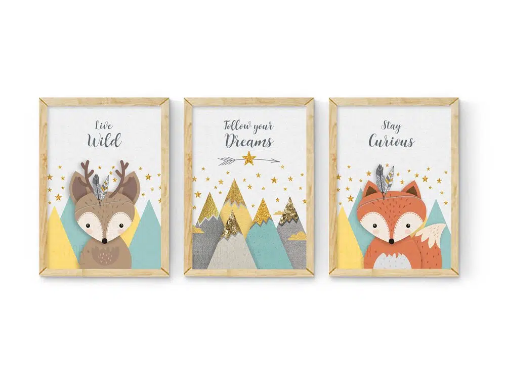 ⁦תמונות לחדר ילדים Woodland Trio Mint Yellow - שלושה הדפסי נייר עם או ללא מסגרות בגווני מנטה צהוב שמנת עם נגיעות זהב⁩ – תמונה ⁦5⁩