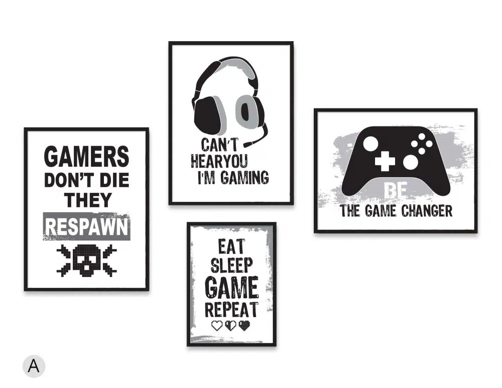 ⁦תמונות חדר גיימינג Gaming Four Black - ארבעה הדפסי נייר עם או ללא מסגרות בגווני שחור לבן⁩ – תמונה ⁦2⁩